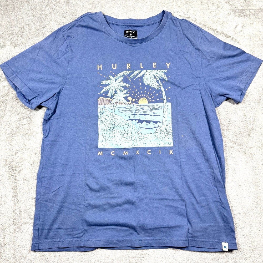 Hurley Surf Sunset Graphic Tee Men's XL Blue Short Sleeve Palm Tree